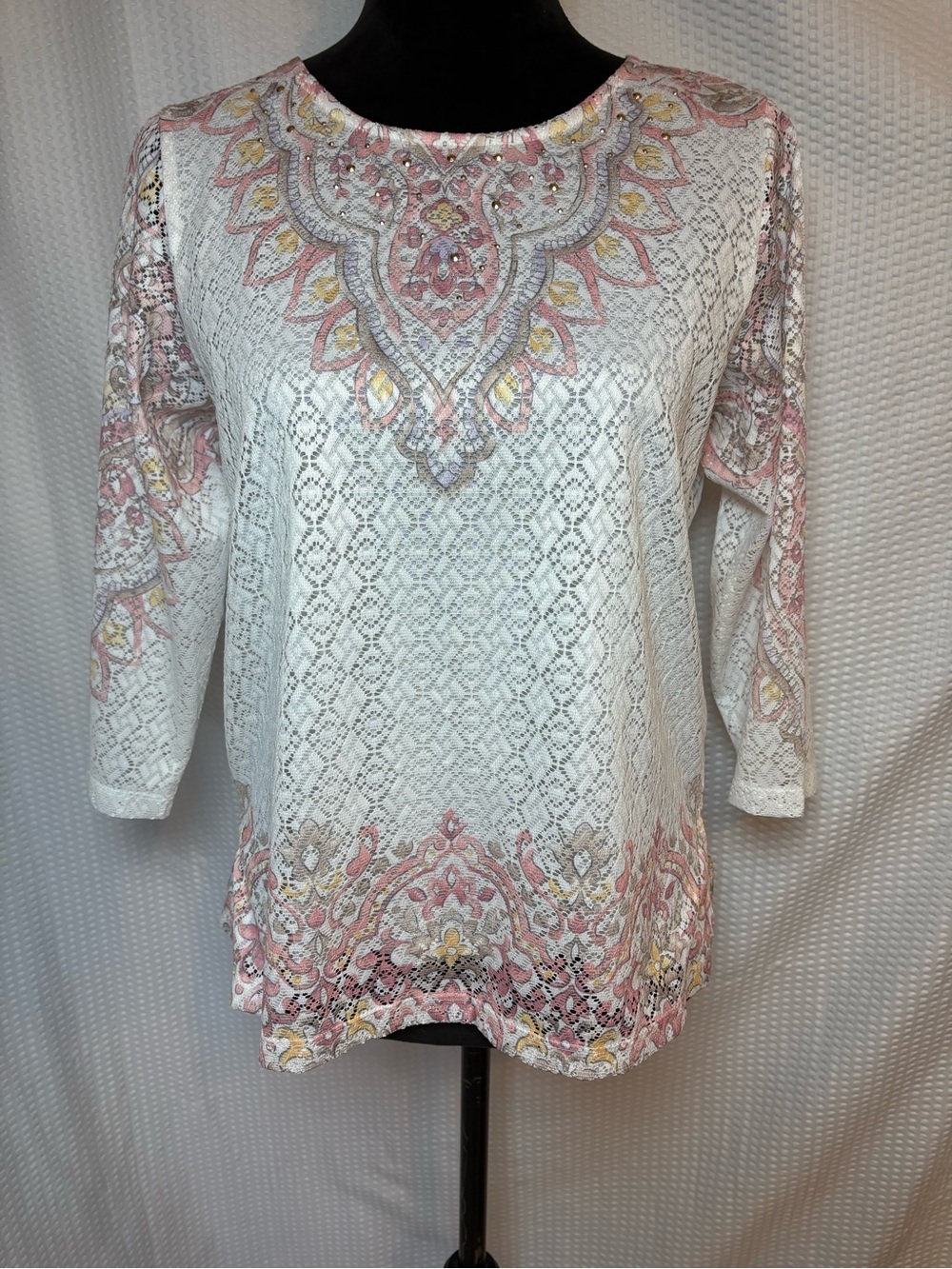 Alfred Dunner White Lace Floral Embellished Blouse 3/4 Sleeve  Petite S
